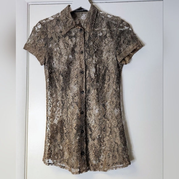 Dolce & Gabbana Delicate Lace Floral Stretched Button-Down Shirt In Khaki SZ 36 - Picture 5 of 16